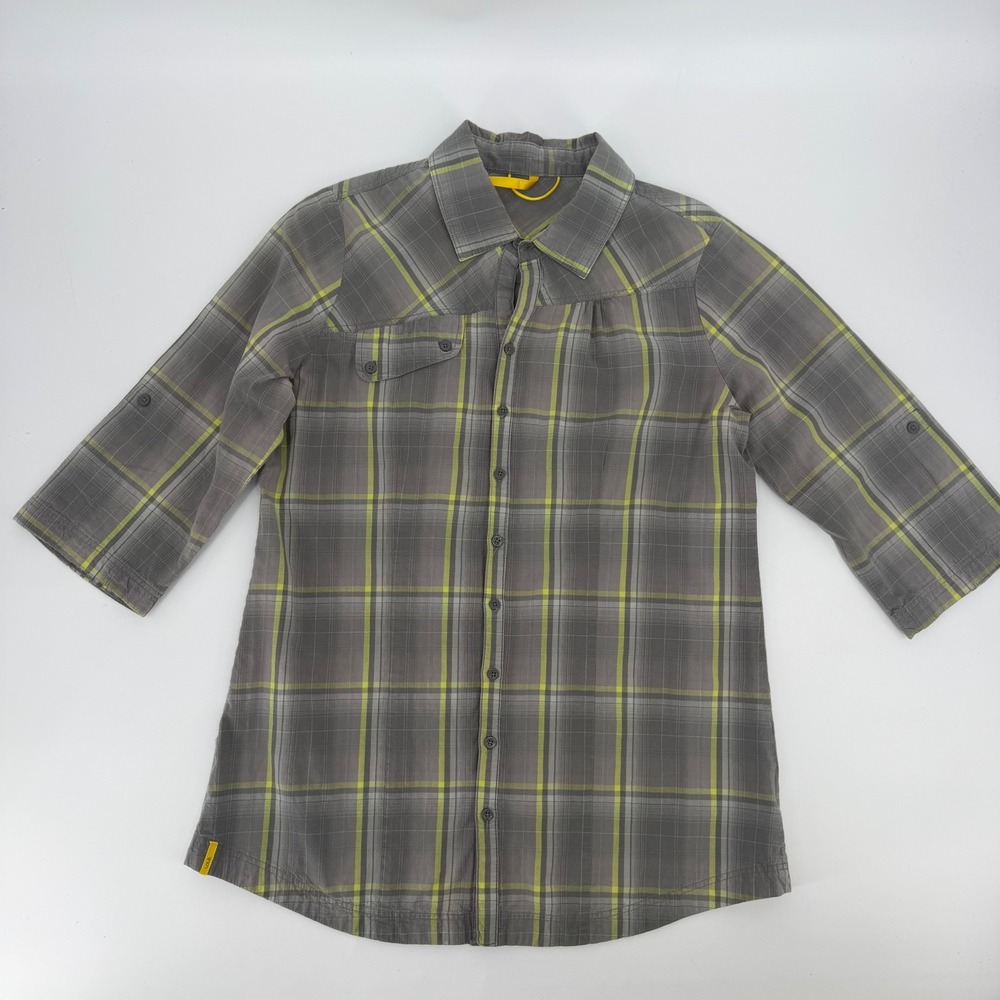 Lole Womens Grey Lime Green Plaid 3/4 Roll Tab Sleeve Button Down Shirt Size 10
